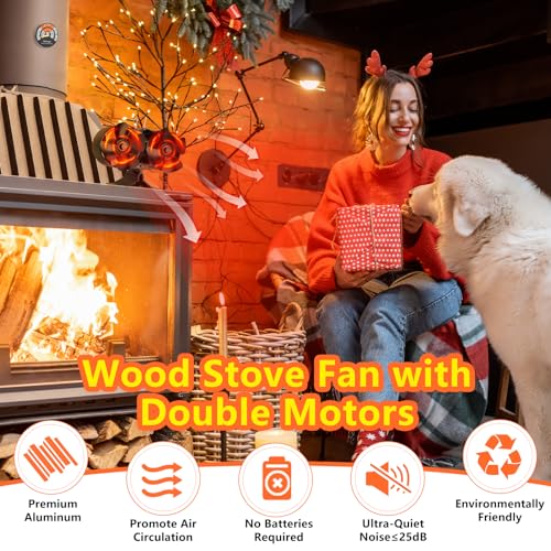 Hanaoyo Wood Stove Fan with Double Motors, Stove Fan Heat Powered, Fireplace Fan with Magnetic Thermometer, Wood Stove Accessories Non Electric Fan for Wood/Gas/Log Burner Stove