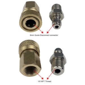 Universal 1/8 NPT female connector and 8mm quick disconnect plug adapter for PCP paintball charging accessories with air compressor sealing O-ring.