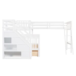 CITYLIGHT Twin Over Full L-Shaped Triple Bunk Bed for Kids, Wooden Corner Bunk Bed with 3 Storage Drawers Attached a Twin Loft Bed,Bunk Beds with Stairs and Ladder for Boys Girls Teens,Espresso