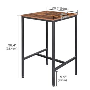 RokiaTek Bar Table Pub Dining Height Table Small Kitchen Table 23.6”L x 23.6”W x 36.4”H Industrial for Living Room Study, Steel Frame and MDF Table Top, Rustic Brown and Black