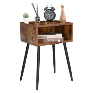 rokiatek nightstand table with open storage bedroom bedside table with steel legs, mid-century modern simpe end side table, rustic brown and black