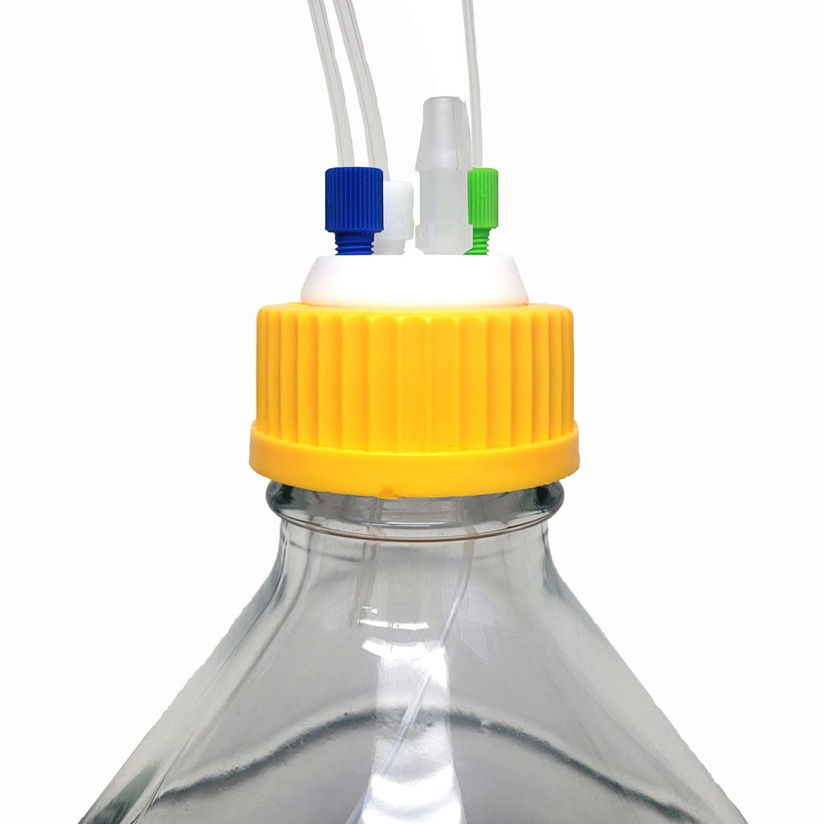 4- Port Solvent Delivery Cap for Glass Bottles, GL45, Yellow, Complete Kit