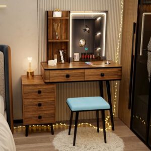 LVSOMT Vanity Desk with Mirror and Lights, Makeup Vanity Table Set with 3-Color Lights & Charging Station, 5 Drawers, Shelves, Dressing Table with Stool for Women Girls (Brown)