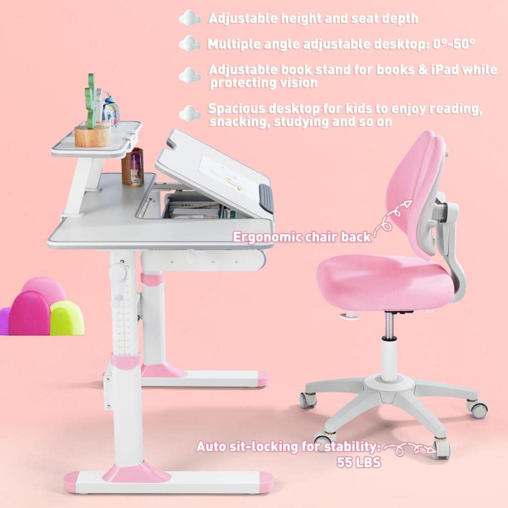 COSVALVE Premium Kids Study Desk and Chair Set,Adjustable Girls School Writing Study Table,Ergonomic Desk Chair with Large Writing Board Pull Out Drawer Bookstand Pink