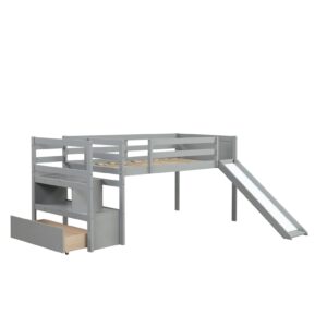 Low Loft Bed with Slide and Stairs Twin Loft Bed with Storage Wood Bed Frame for Kids Teens Girls Boys， Gray