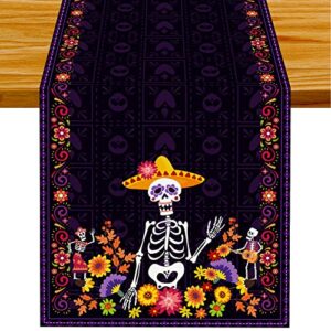 linen purple day of the dead table runner dia de los muertos tablecloth mexican halloween sugar skull home kitchen dining table decorations 13x72 inch