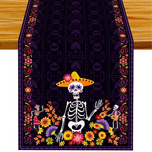 Linen Purple Day of The Dead Table Runner Dia De Los Muertos Tablecloth Mexican Halloween Sugar Skull Home Kitchen Dining Table Decorations 13x72 Inch