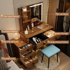 LVSOMT Vanity Desk with Mirror and Lights, Makeup Vanity Table Set with 3-Color Lights & Charging Station, 5 Drawers, Shelves, Dressing Table with Stool for Women Girls (Brown)