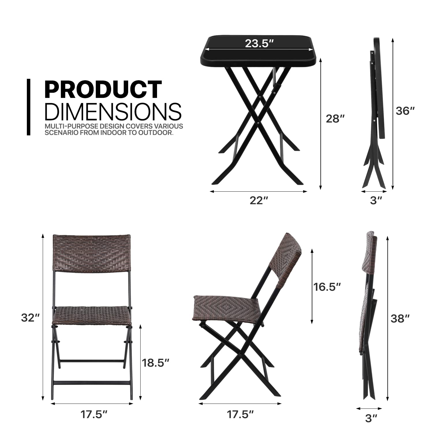 MoNiBloom 3 Piece Patio Bistro Dining Furniture Set, 2 Foldable Chairs and Round Table w/Tempered Glass Tabletop for Lawn Garden Backyard