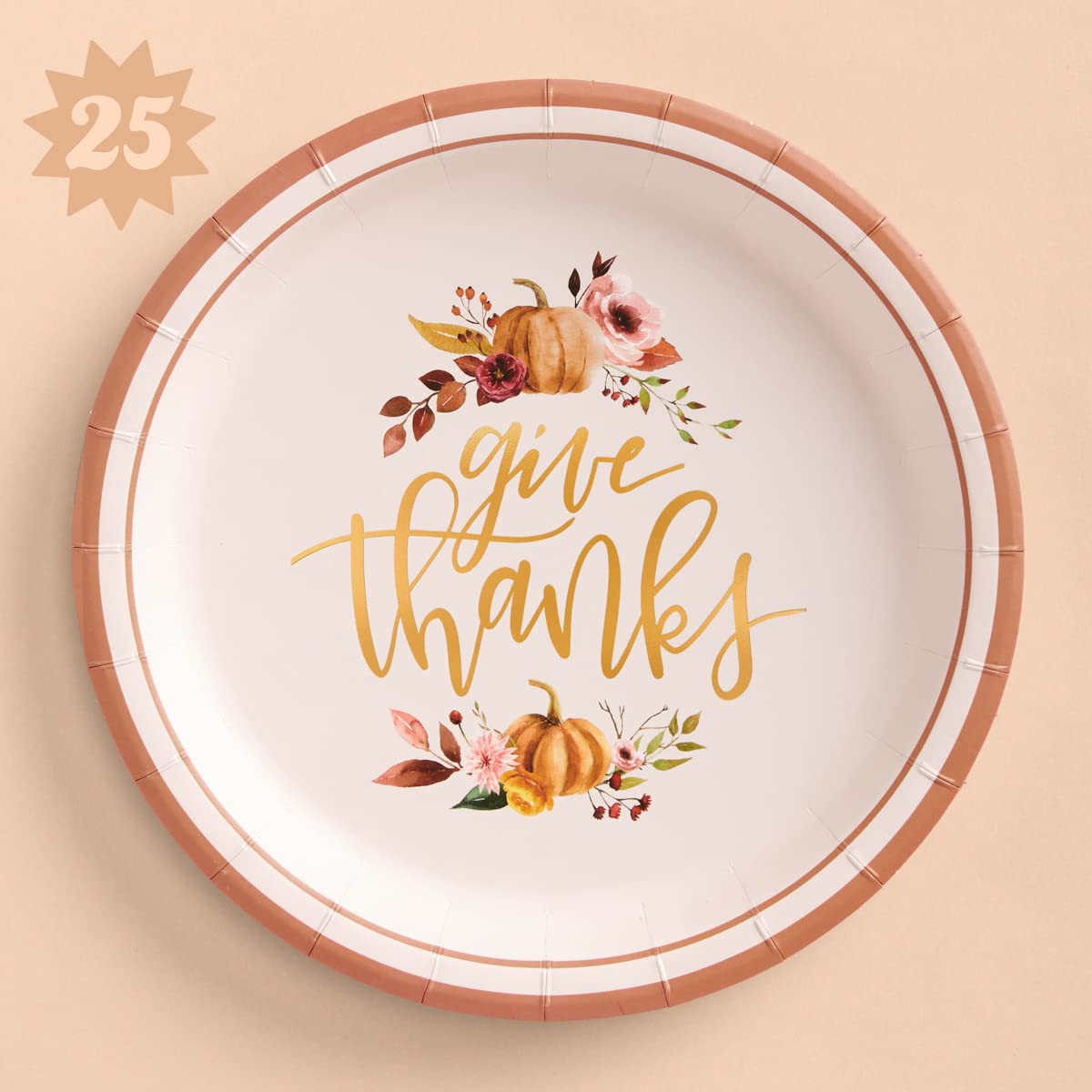 xo, Fetti Thanksgiving Gold Foil Plates - 25 count | Give Thanks Decorations, 9" Dinner Plate, Autumn Leaves, Pumpkins, Fall Table Decor