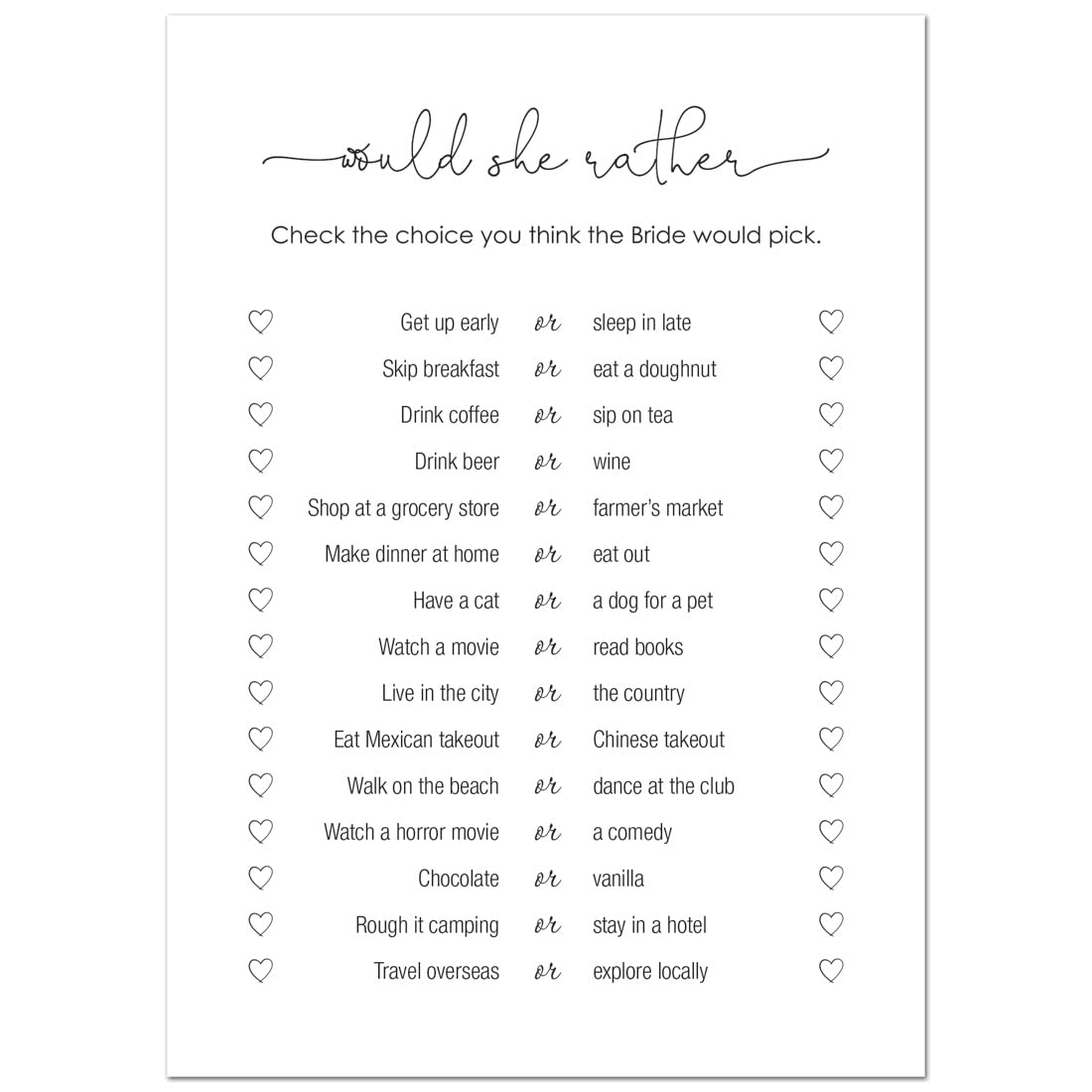 24 Minimalist Bridal Shower Game - Would She Rather