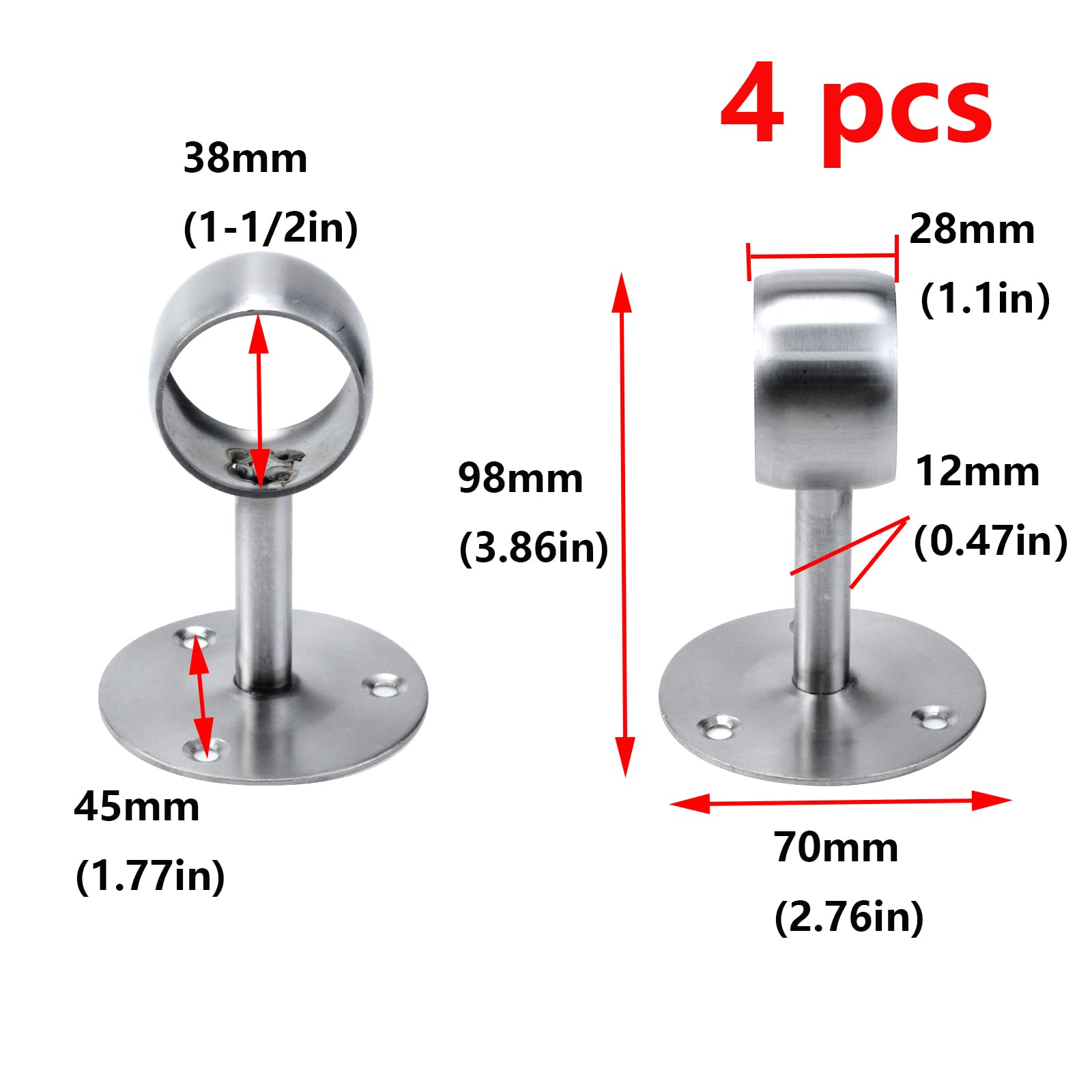 Antrader 1-1/2" Curtain Rod Ceiling Mount Bracket, Stainless Steel Flange Rod Bracket , Shower Curtain Wardrobe Closet Rod Holder with Screws, Silver - Pack of 4