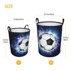 Foldable Laundry Hampers with Soccer Pattern for Sports Teens Boys Girls, Cool Large Round Hampers Soccer Ball Printing, Portable Dirty Clothes Organizer Basket with Handles for Bedroom, 19.6"x15.7"