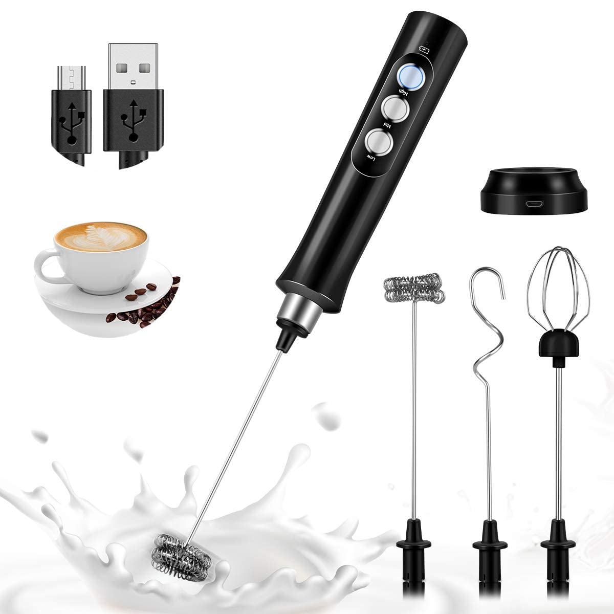 Milk Frother Handheld, Bauihr USB Rechargeable Electric Foam Maker with 3 Heads, 3 Adjustable Speeds Mini Milk Foamer for Latte, Cappuccino, Coffee, Hot Chocolate, Matcha