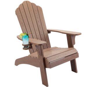 homehua oversized plastic weather resistant adirondack chair with cup holder, imitation wood stripes,easy assemble & maintain,outdoor chair for patio, backyard deck, fire pit - wood color