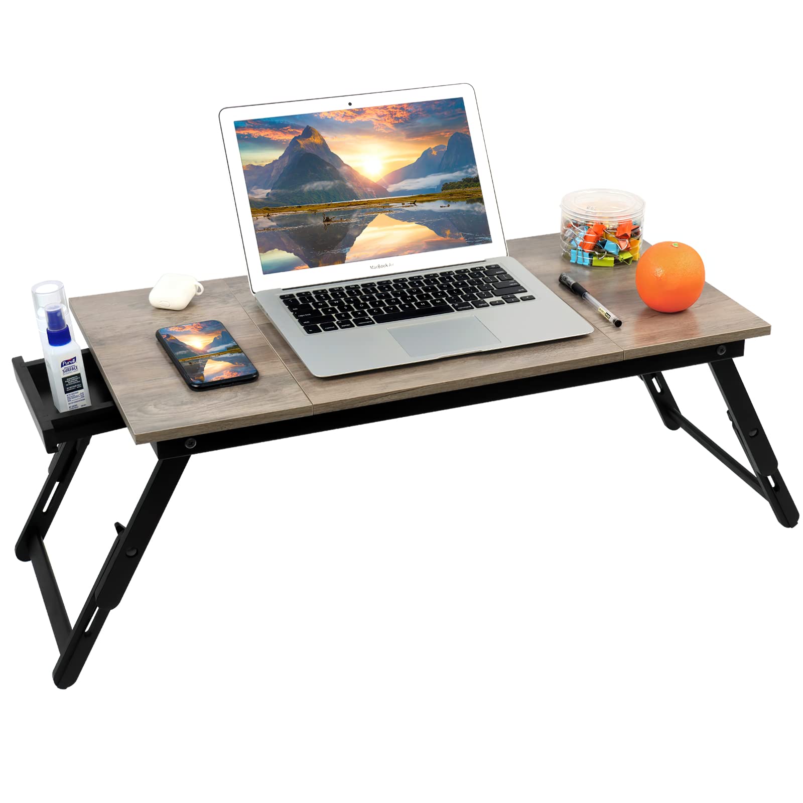 JMLHMXC Bamboo Laptop Desk Bed Tray Table Adjustable Table for Computer Tilting Top Foldable Leg with Drawer