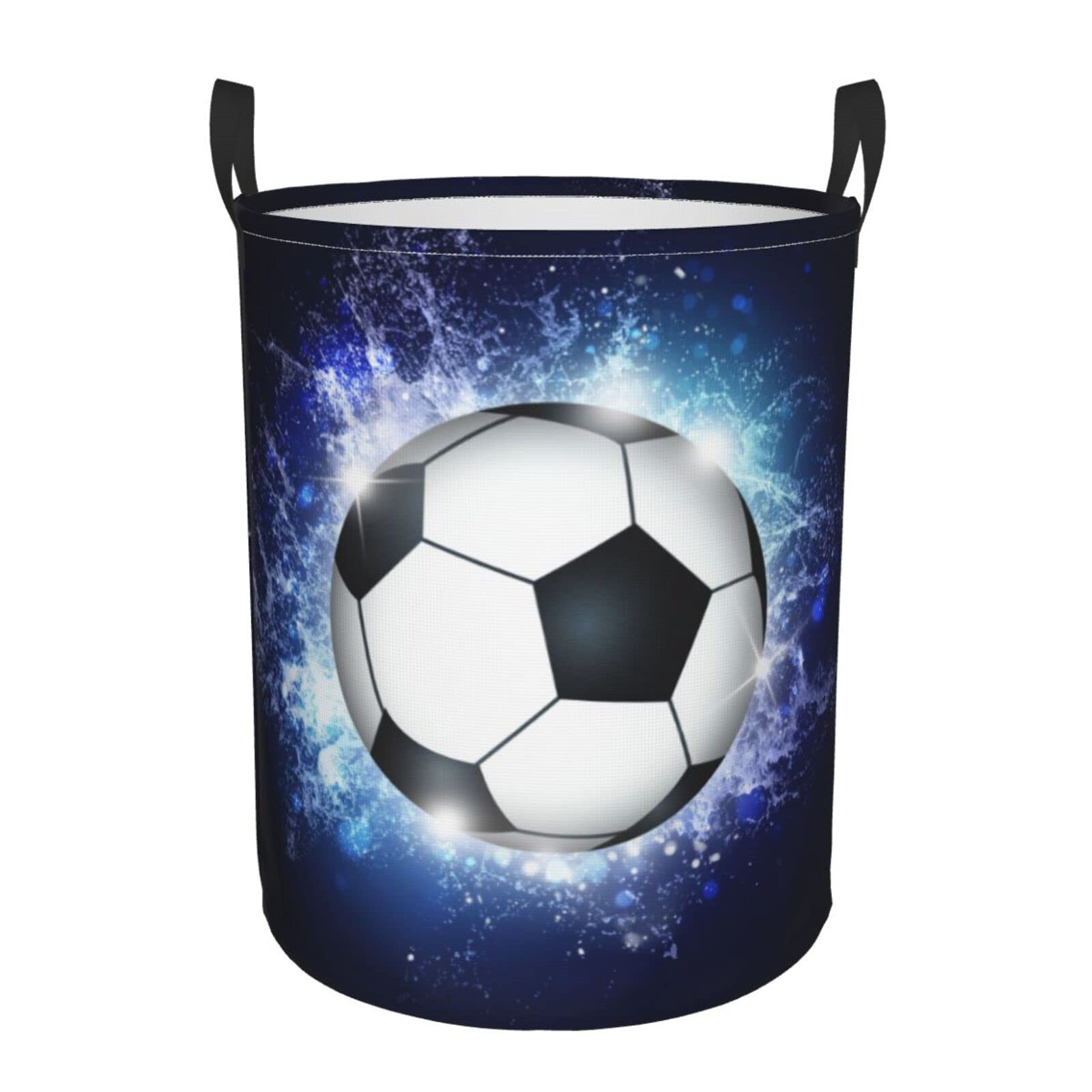 Foldable Laundry Hampers with Soccer Pattern for Sports Teens Boys Girls, Cool Large Round Hampers Soccer Ball Printing, Portable Dirty Clothes Organizer Basket with Handles for Bedroom, 19.6"x15.7"