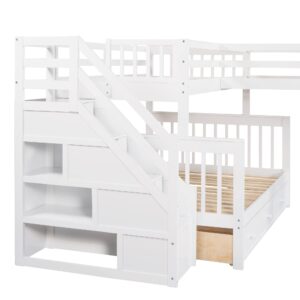 CITYLIGHT Twin Over Full L-Shaped Triple Bunk Bed for Kids, Wooden Corner Bunk Bed with 3 Storage Drawers Attached a Twin Loft Bed,Bunk Beds with Stairs and Ladder for Boys Girls Teens,Espresso