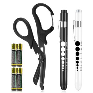 3 pack penlight and medical scissors for nurses, two led pen light with pupil gauge and one 7.5 inches trauma shears with carabiner for nurse doctor emt first aid （including four batteries)