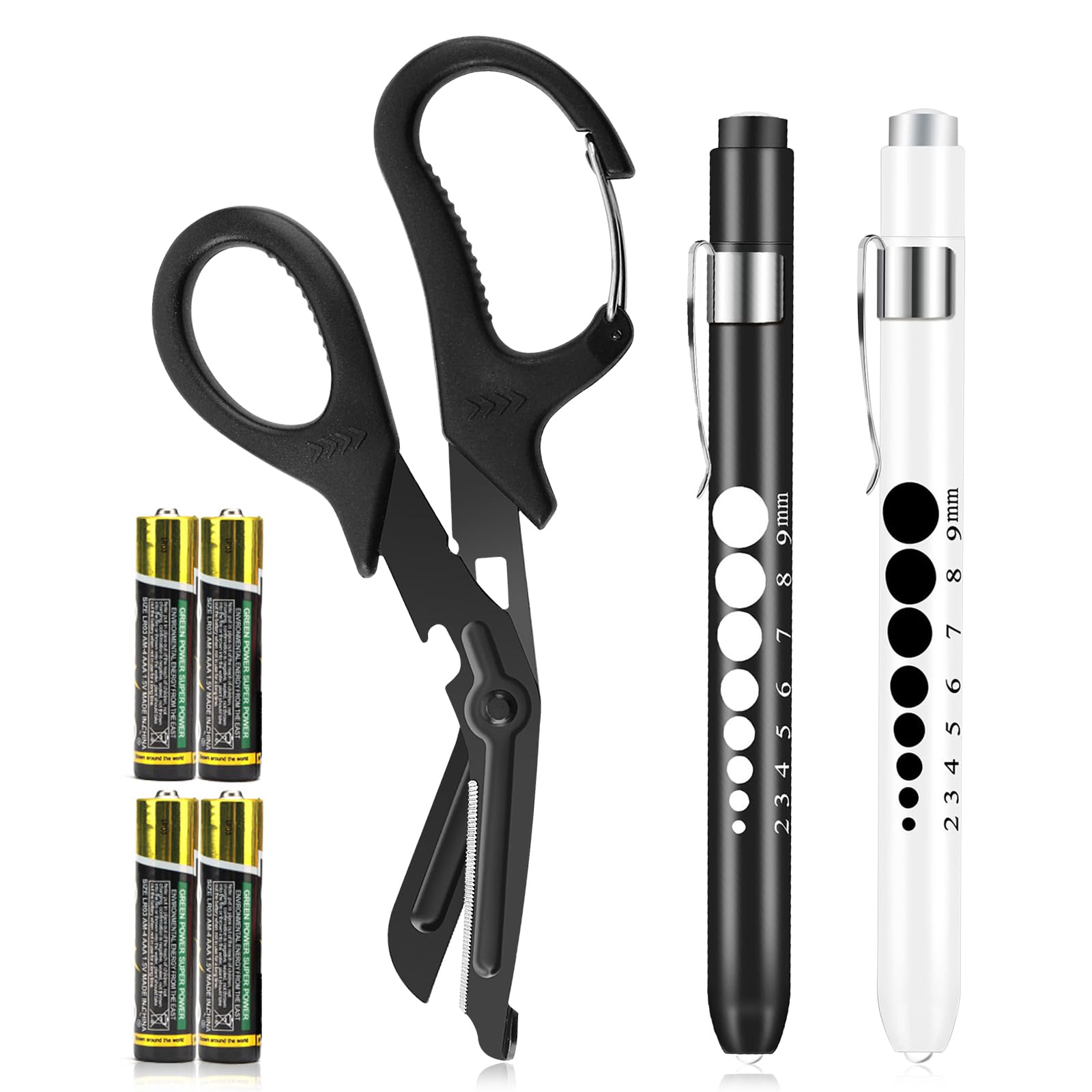 3 Pack Penlight and Medical Scissors for Nurses, Two LED Pen Light with Pupil Gauge and One 7.5 Inches Trauma Shears with Carabiner for Nurse Doctor EMT First Aid （Including Four Batteries)