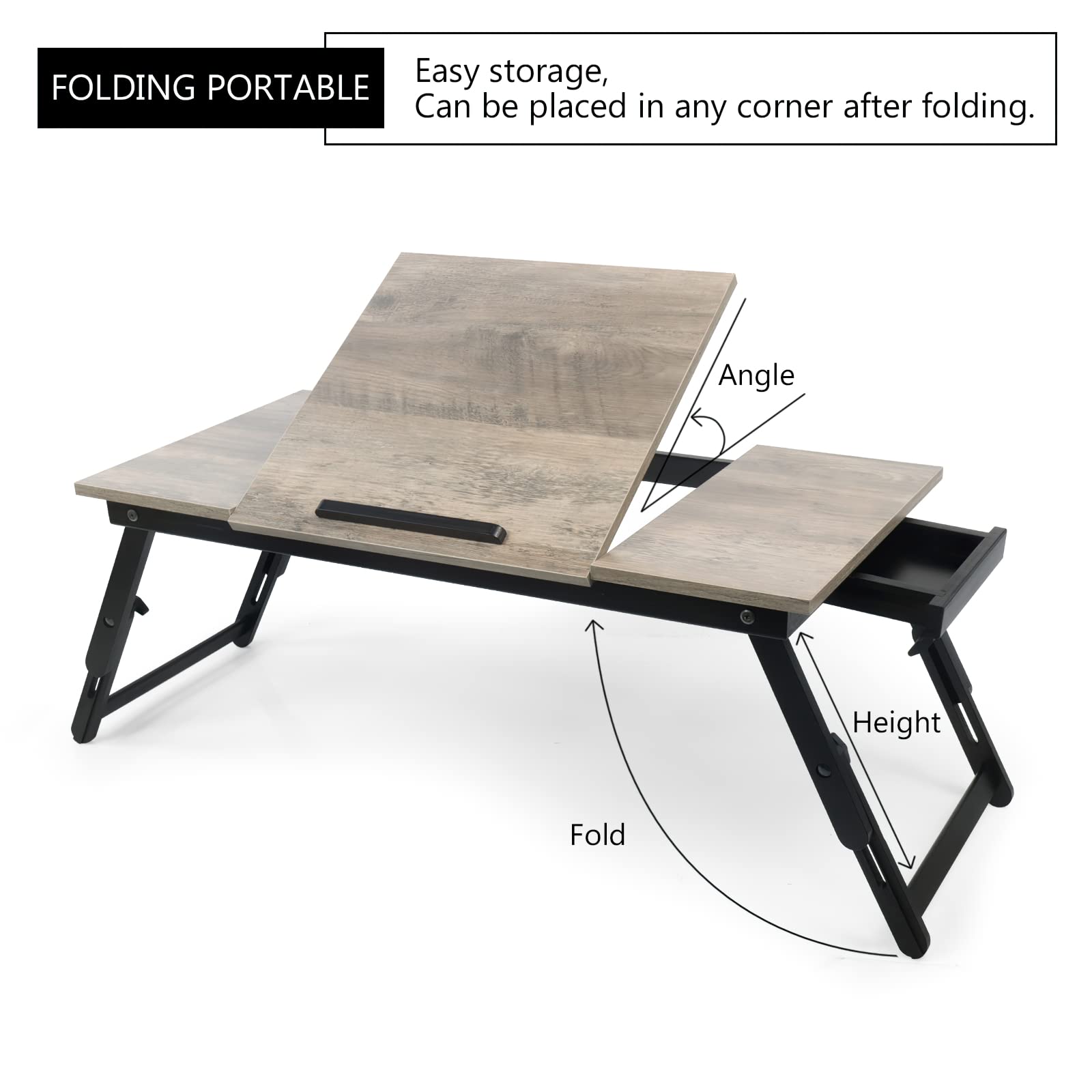 JMLHMXC Bamboo Laptop Desk Bed Tray Table Adjustable Table for Computer Tilting Top Foldable Leg with Drawer