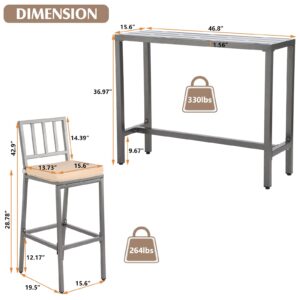 ONLYCTR Outdoor Bar Chairs and Table, Metal Outdoor Bar Set, 3 Piece Patio Bar Table Set with Bar Stools & Cushions for Backyard, Porch, Bistro, Balcony (Gray, 47" Table, 2 Vertical Back stools)