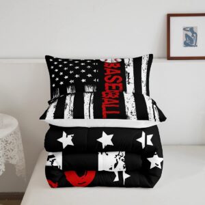 Erosebridal American Flag Comforter Baseball Bedding Twin 2pcs Sports Games Down Comforter for Boys Girls Bedroom Black and White Striped Comforter Set Retro US Flag Decorations, Lightweight Soft