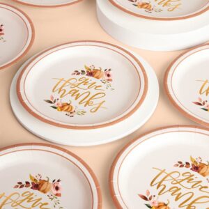 xo, Fetti Thanksgiving Gold Foil Plates - 25 count | Give Thanks Decorations, 9" Dinner Plate, Autumn Leaves, Pumpkins, Fall Table Decor