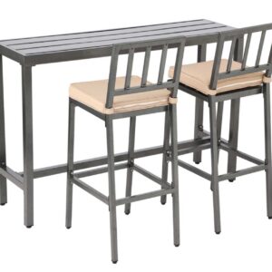 ONLYCTR Outdoor Bar Chairs and Table, Metal Outdoor Bar Set, 3 Piece Patio Bar Table Set with Bar Stools & Cushions for Backyard, Porch, Bistro, Balcony (Gray, 47" Table, 2 Vertical Back stools)