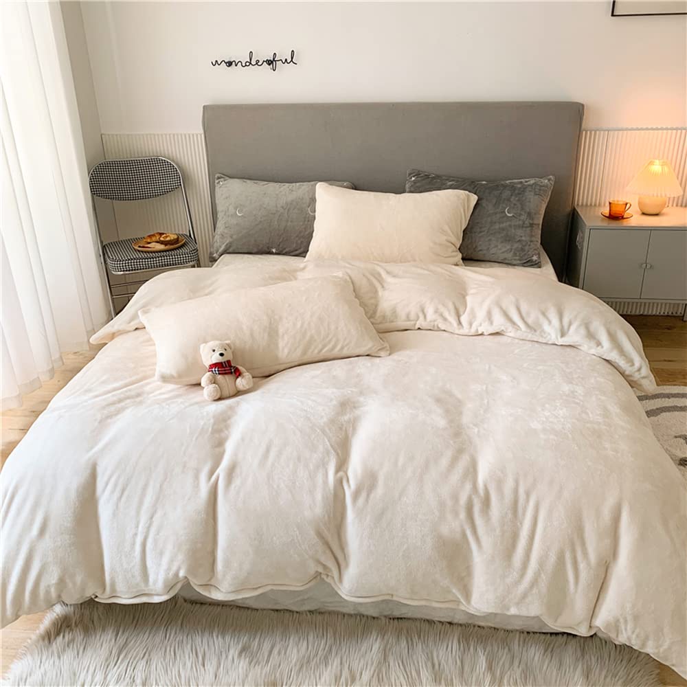 Pureant White Fluffy Comforter Set Queen Solid White Velvet Bedding Set for Women Men White Flannel Plush Blankets Lightweight All White Fluzzy Quilt Soft White Micromink Sherpa Shaggy Comforters