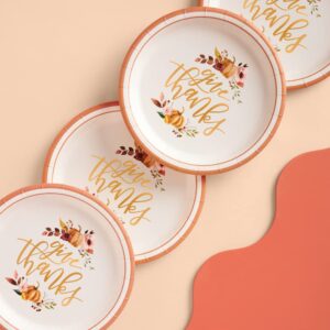 xo, Fetti Thanksgiving Gold Foil Plates - 25 count | Give Thanks Decorations, 9" Dinner Plate, Autumn Leaves, Pumpkins, Fall Table Decor