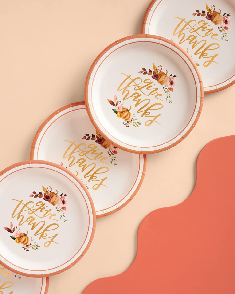 xo, Fetti Thanksgiving Gold Foil Plates - 25 count | Give Thanks Decorations, 9" Dinner Plate, Autumn Leaves, Pumpkins, Fall Table Decor