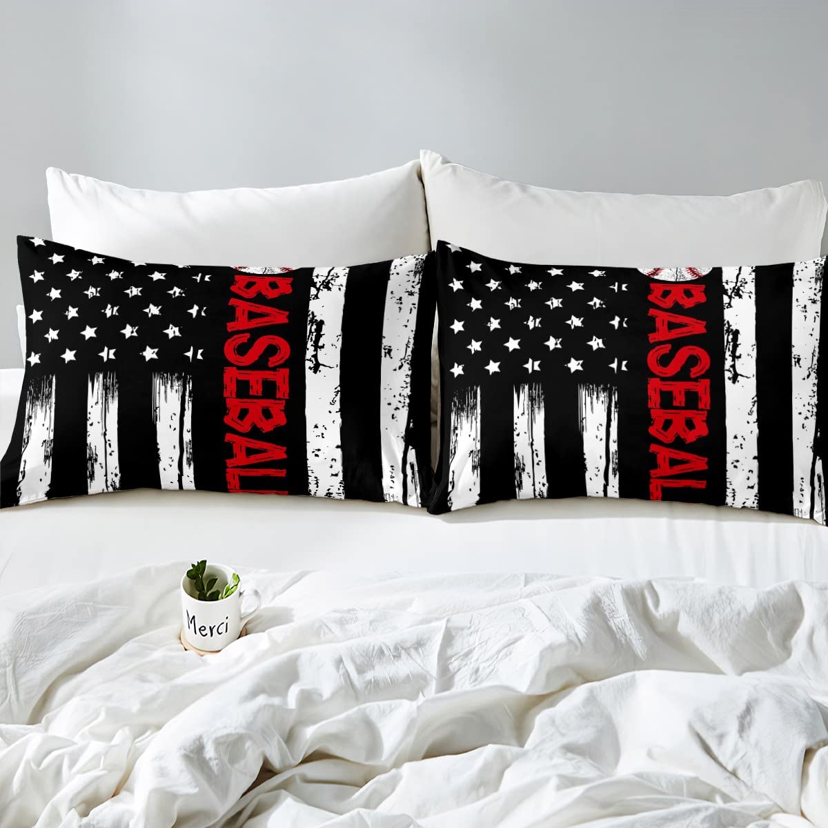 Erosebridal American Flag Comforter Baseball Bedding Twin 2pcs Sports Games Down Comforter for Boys Girls Bedroom Black and White Striped Comforter Set Retro US Flag Decorations, Lightweight Soft