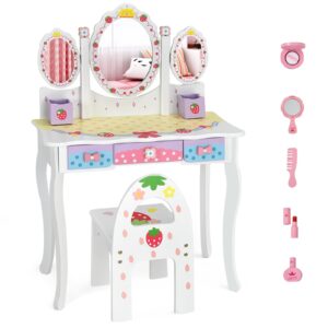 olakids kids vanity, 2 in 1 white strawberry wooden dressing table and chair set for toddlers with tri-folding mirror, stool, storage drawers, pretend beauty make up princess play set for little girls