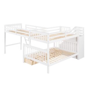 CITYLIGHT Twin Over Full L-Shaped Triple Bunk Bed for Kids, Wooden Corner Bunk Bed with 3 Storage Drawers Attached a Twin Loft Bed,Bunk Beds with Stairs and Ladder for Boys Girls Teens,Espresso