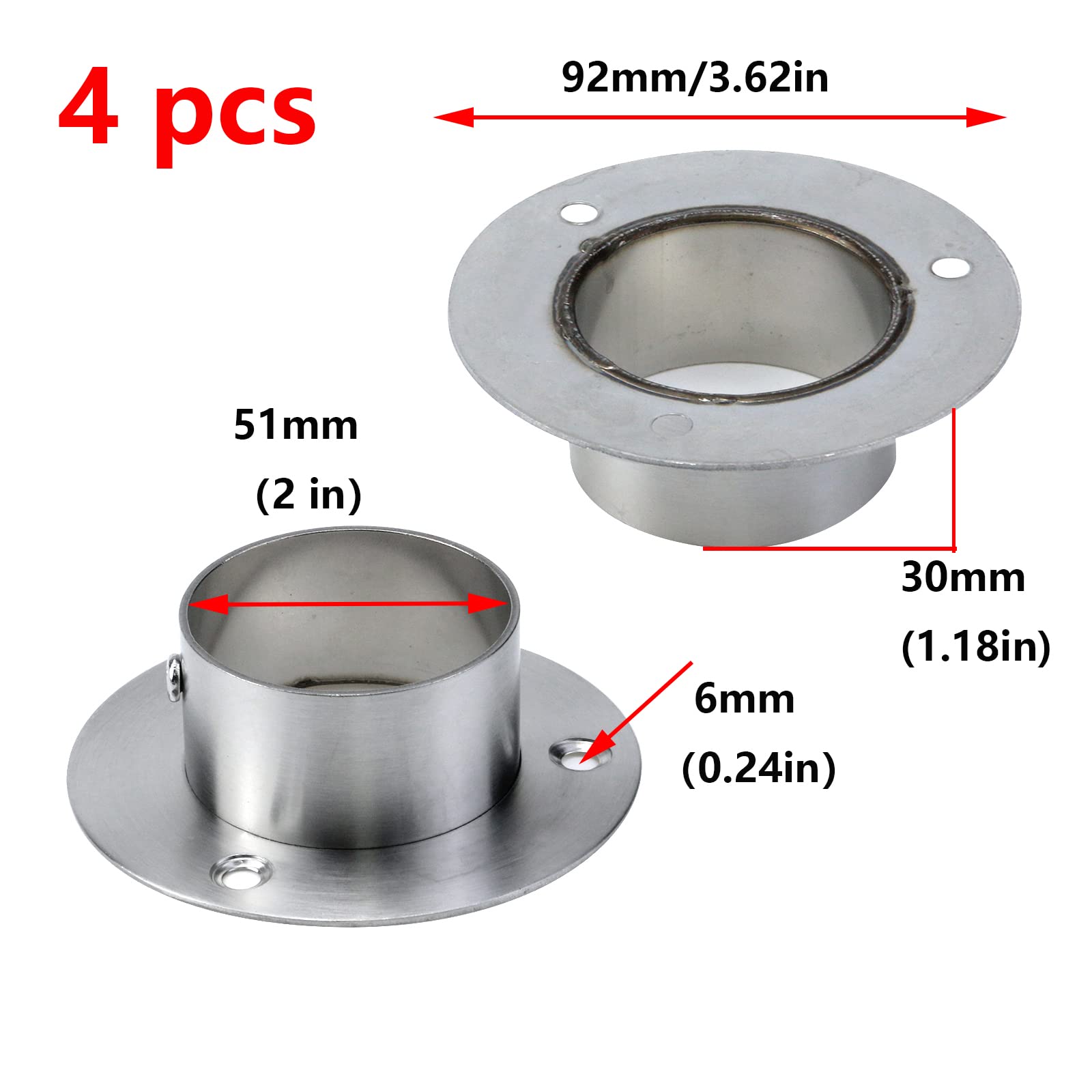 Antrader 4-Pack Stainless Steel Closet Rod Flange 2-Inch Dia. Adjustable Socket Bracket Support Holder for Pipe（Silver）