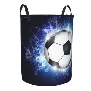 Foldable Laundry Hampers with Soccer Pattern for Sports Teens Boys Girls, Cool Large Round Hampers Soccer Ball Printing, Portable Dirty Clothes Organizer Basket with Handles for Bedroom, 19.6"x15.7"