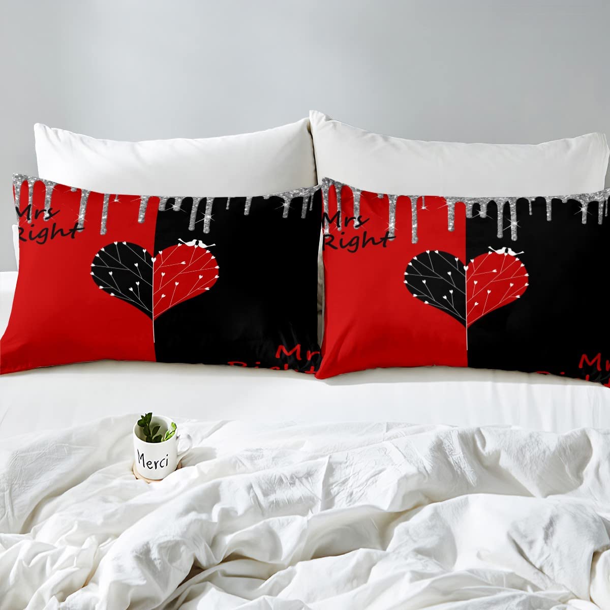 Mr Mrs Duvet Cover Queen Size for Woman Men Lover Couple Valentine Day Home Room Decor,Romantic Wedding Bedding Set 3pcs,Red Black Lovebirds Comforter Cover Modern Glitter Quilt Cover,2 Pillowcases