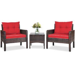 relax4life 3-piece patio furniture set, pe rattan wicker outdoor conversation set w/glass top coffee table & thick cushions for deck porch balcony garden, bistro table and chairs set of 2 (red)