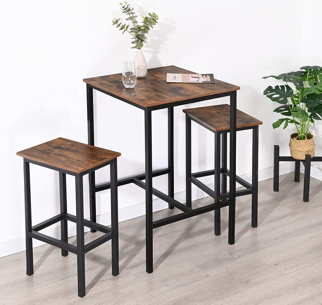 RokiaTek Bar Table Pub Dining Height Table Small Kitchen Table 23.6”L x 23.6”W x 36.4”H Industrial for Living Room Study, Steel Frame and MDF Table Top, Rustic Brown and Black