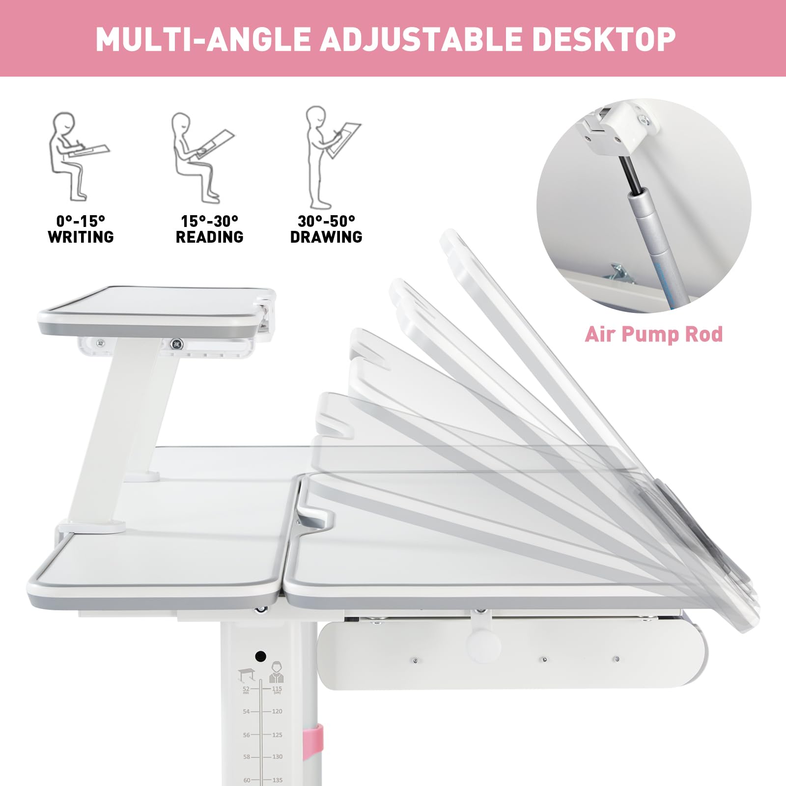 COSVALVE Premium Kids Study Desk and Chair Set,Adjustable Girls School Writing Study Table,Ergonomic Desk Chair with Large Writing Board Pull Out Drawer Bookstand Pink