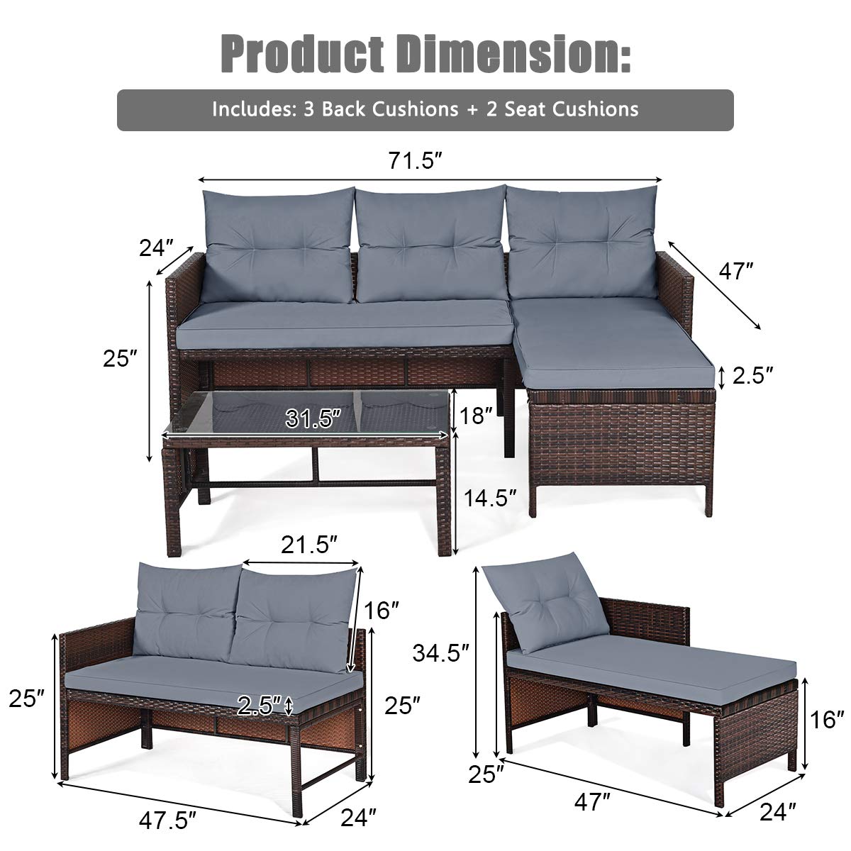 RELAX4LIFE 3-Piece Patio Furniture Set, Outdoor Wicker Sectional Sofa Set w/Washable Cushion, Tempered Glass Coffee Table, Rattan Conversation Set Outdoor Couch for Garden Backyard Deck (Grey)