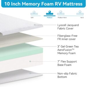 Opoiar 10 Inch King RV Mattress,Green Tea Memory Foam Mattress for RVs, Campers & Trailers,Bed in a Box,Pressure Relief,Medium Firm Feel Gel Infused Mattress with White Cover,Supportive,Made in USA