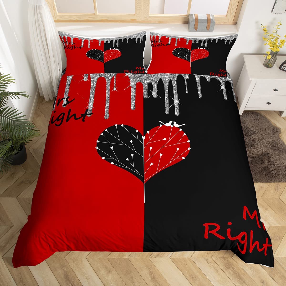 Mr Mrs Duvet Cover Queen Size for Woman Men Lover Couple Valentine Day Home Room Decor,Romantic Wedding Bedding Set 3pcs,Red Black Lovebirds Comforter Cover Modern Glitter Quilt Cover,2 Pillowcases