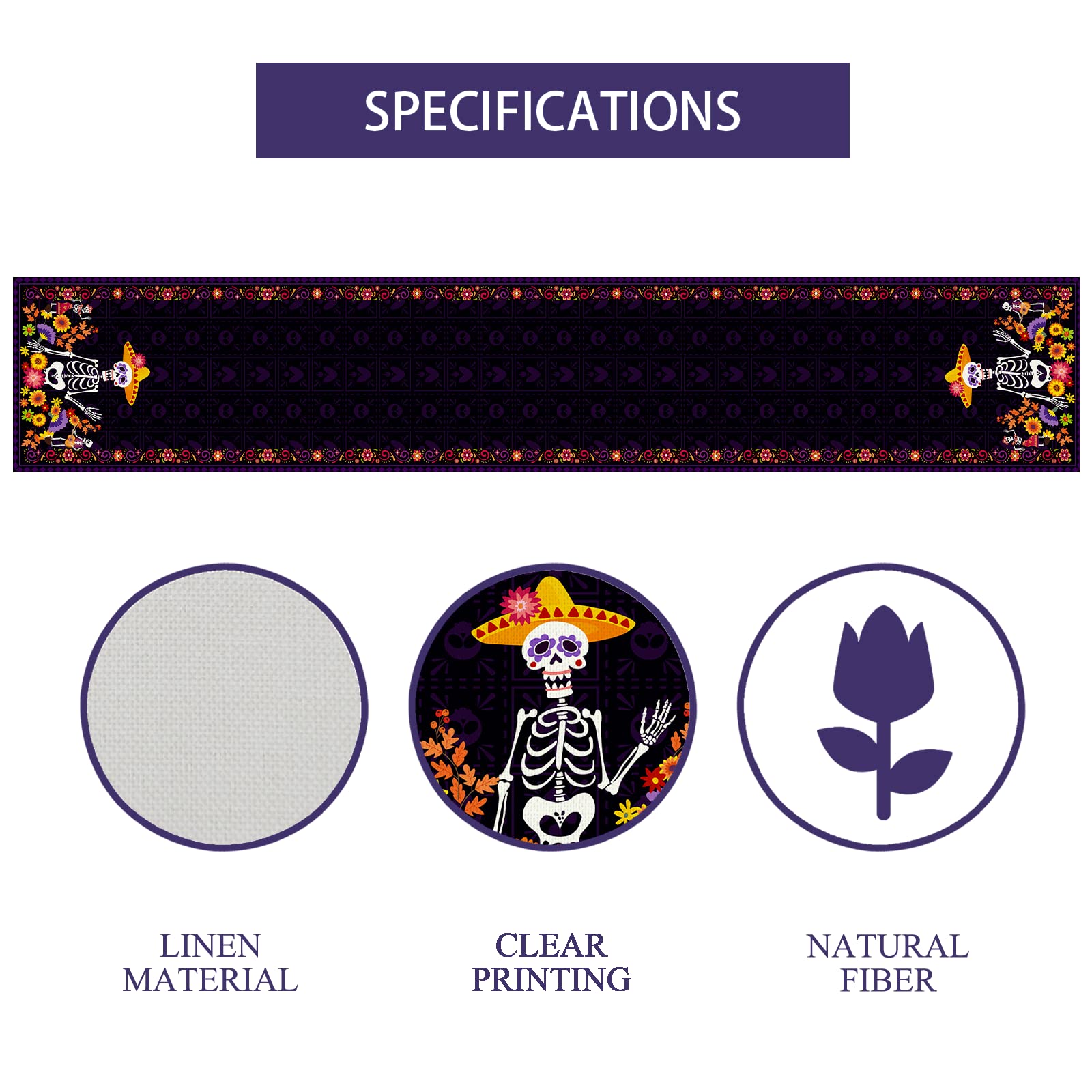 Linen Purple Day of The Dead Table Runner Dia De Los Muertos Tablecloth Mexican Halloween Sugar Skull Home Kitchen Dining Table Decorations 13x72 Inch