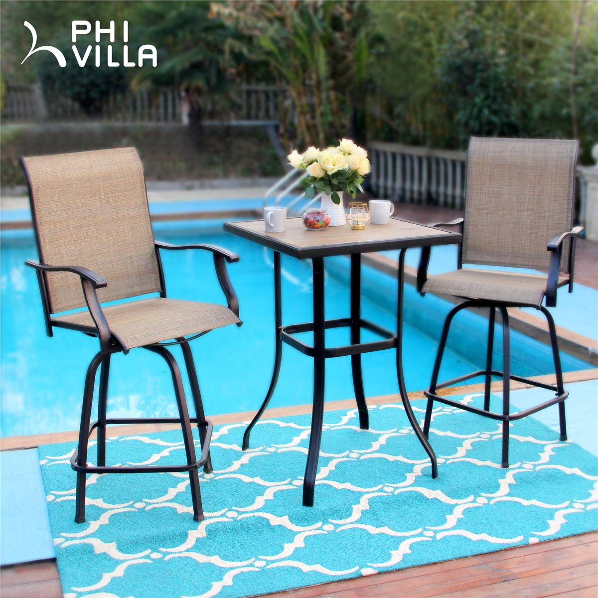 PHI VILLA Outdoor Bar Set for 6, Patio Bar Table and Chairs Furniture with Outdoor Swivel Bar Stools Table Set, Bar Height Patio Dining Set for Yard and Garden