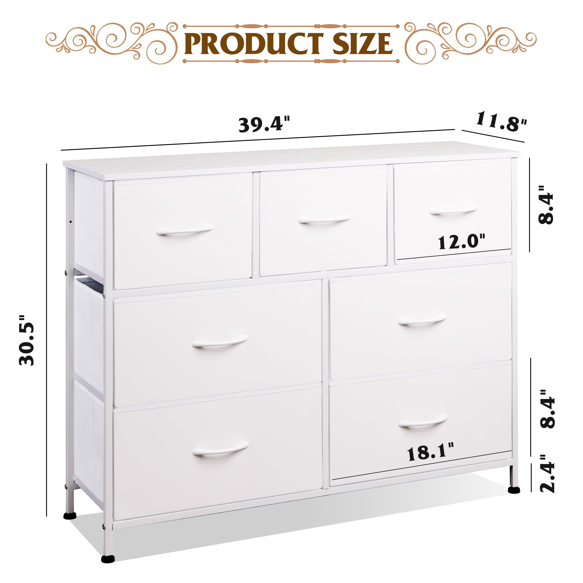 WLIVE Dresser with 7 Drawers, Dressers for Bedroom, Fabric Storage Tower, Hallway, Entryway, Closets, Sturdy Steel Frame, Wood Top, Easy Pull Handle, White