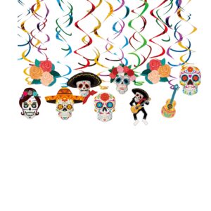 day of the dead sugar skull hanging swirl decorations dia de los muertos ceiling streamers party decor mexican theme party supplies skull guitar flower halloween baby shower set of 20