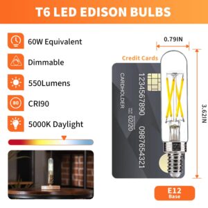 ALAMPEVER 5.5W (60W Equivalent) Dimmable T6 LED Edison Bulbs, E12 Candelabra Base, 5000K Daylight, CRI90, 550LM, Clear Vintage Tubular Bulb, 6-Pack