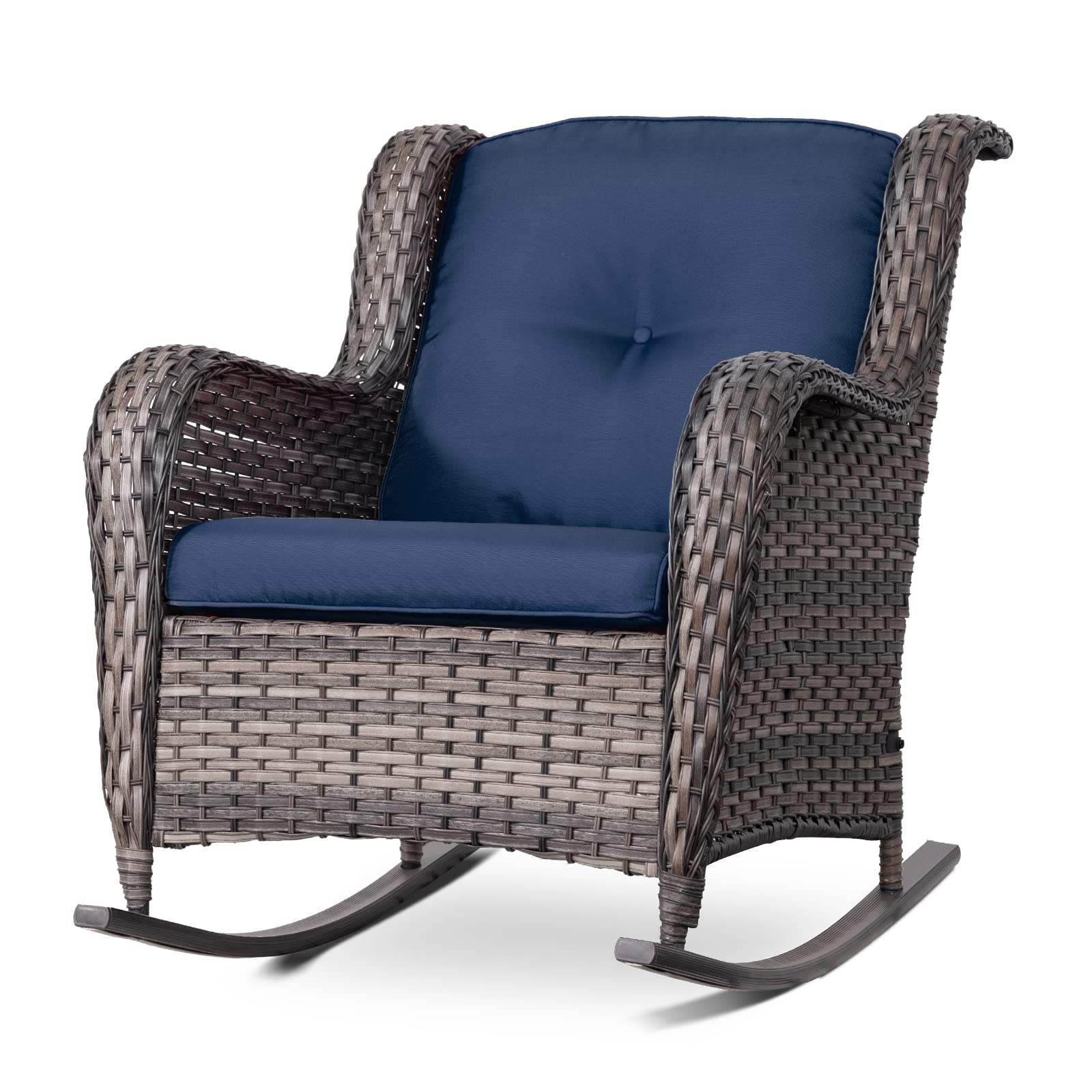 Joyside Outdoor Wicker Rocking Chair All-Weather Patio Yard Furniture Club Rocker Chair with Cushion, Blue